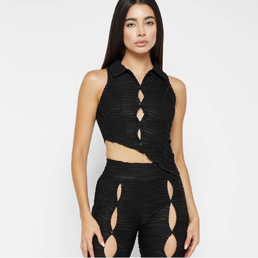 NWT Maniere De Voir Asymmetric Shirred Mesh Top - Black Size US 6